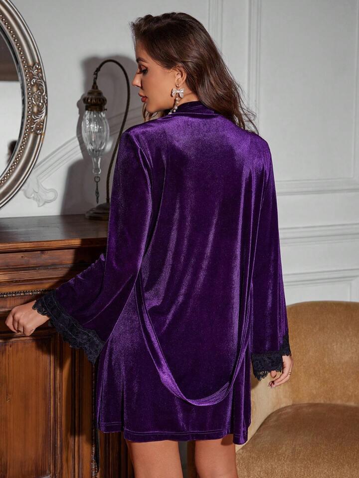 Velvet Ritual: Lace-Trimmed Nightgown & Robe Set