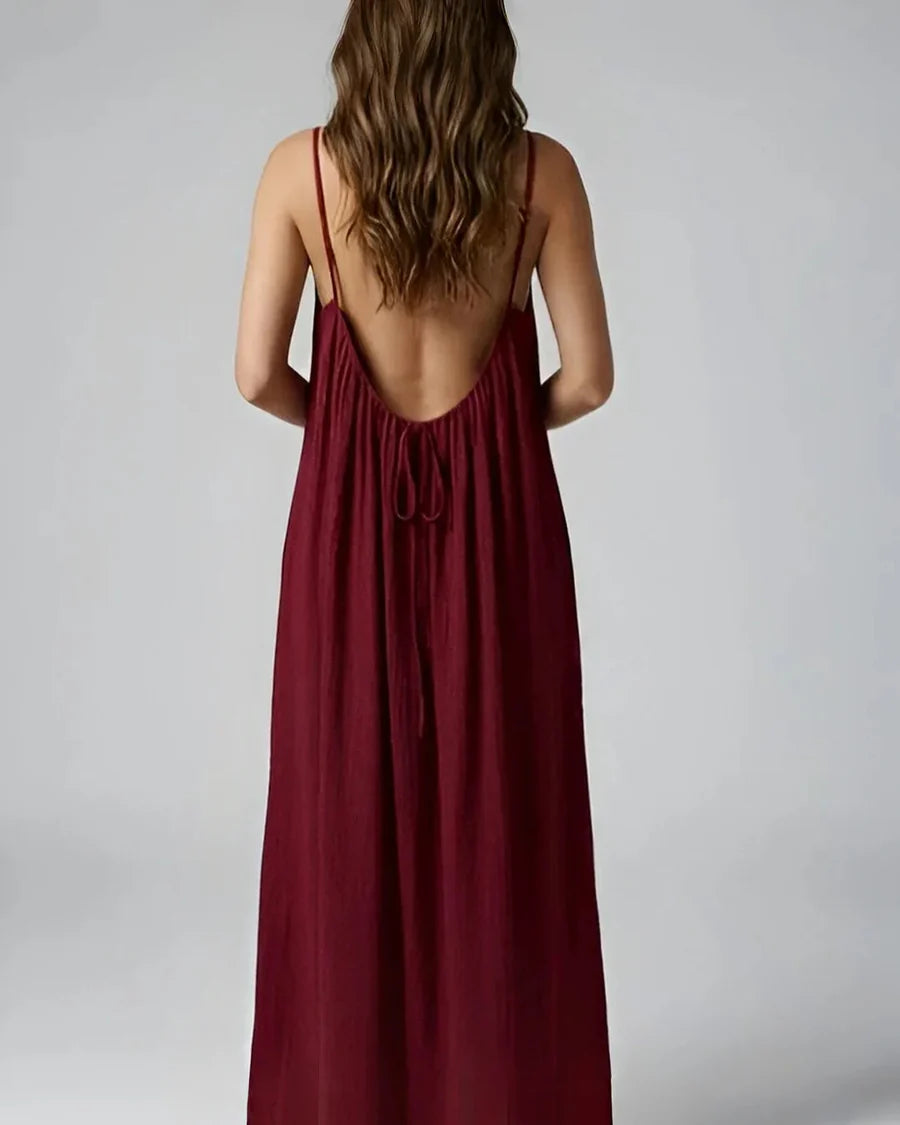 Gathered Linen Maxi Dress with Spaghetti Straps