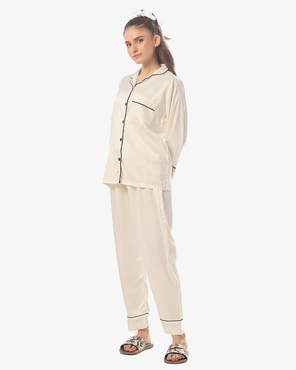 Satin Silk Pajama Suit with Scrunchie - Pearl