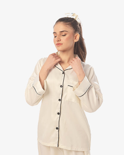 Satin Silk Pajama Suit with Scrunchie - Pearl
