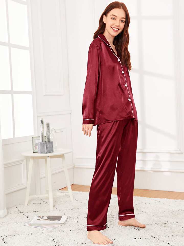 Midnight Blue 100% Pure Silk Pajama Set | Contrast Piping
