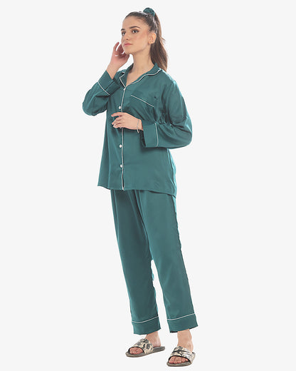 Satin Silk Pajama Suit with Scrunchie - Pearl