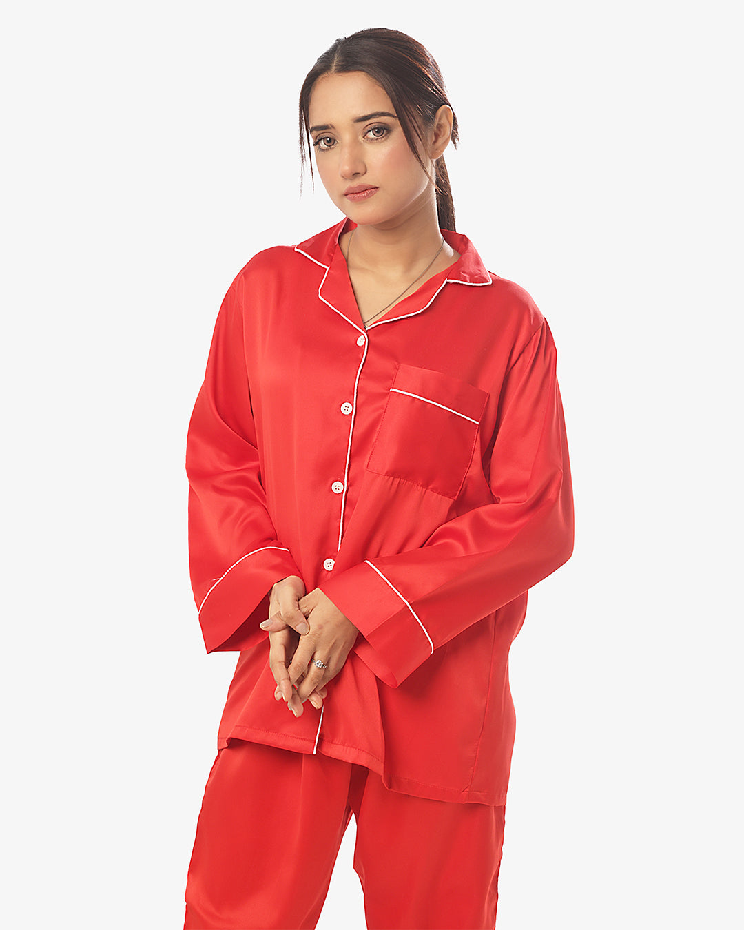 Satin Silk Pajama Suit with Scrunchie - Pearl