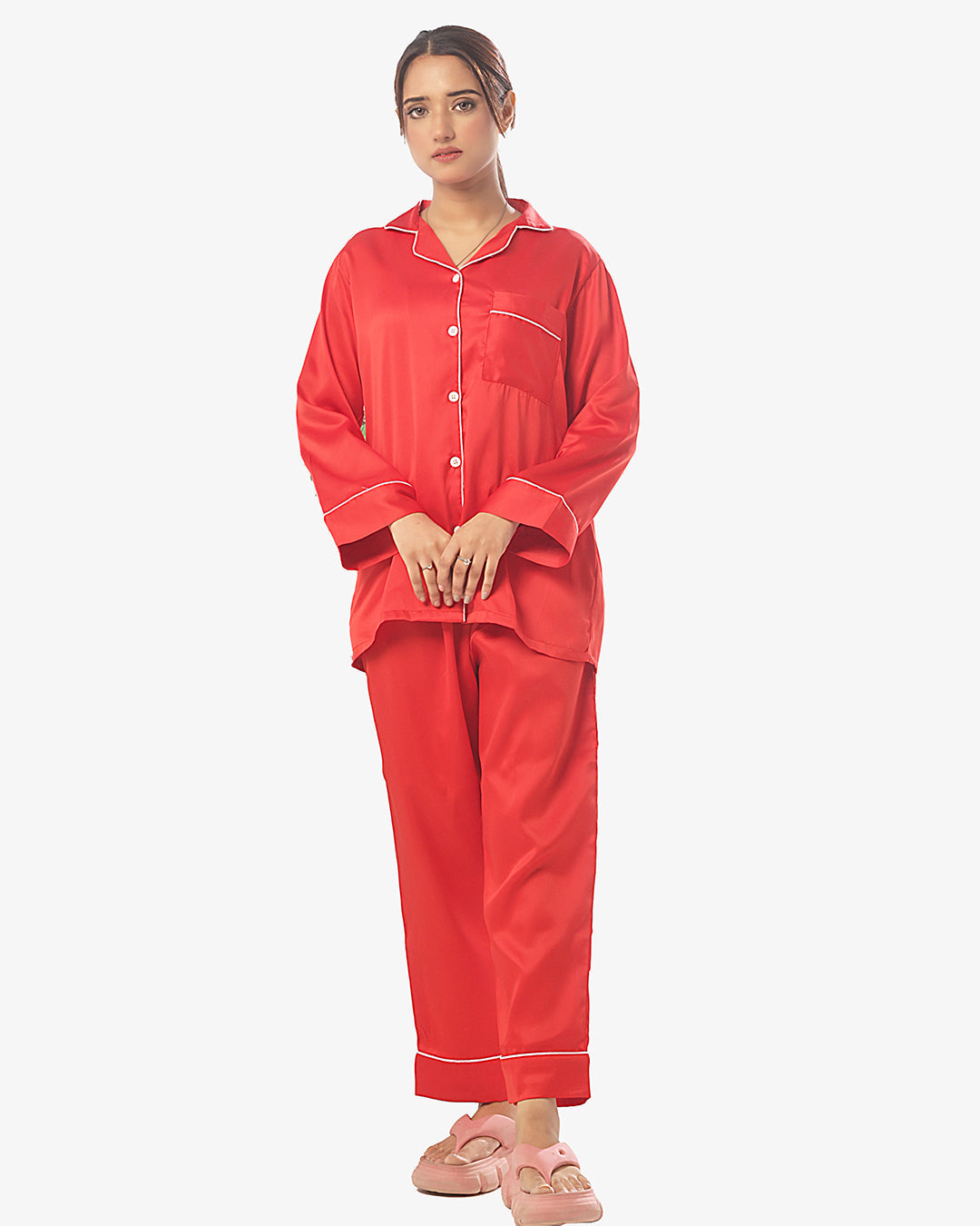 Satin Silk Pajama Suit with Scrunchie - Pearl