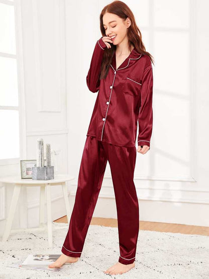 Black 100% Pure Silk Pajama Set | Contrast Piping