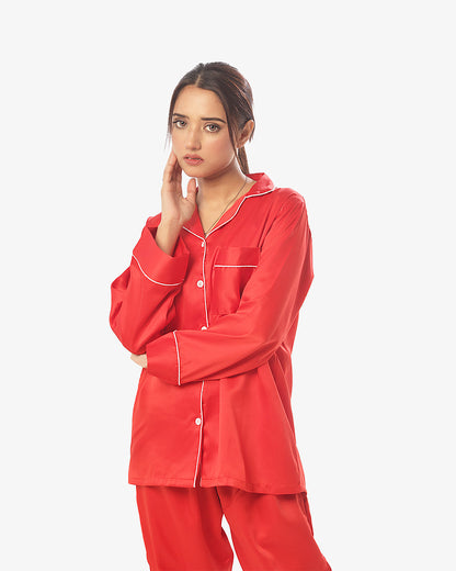 Satin Silk Pajama Suit with Scrunchie - Pearl