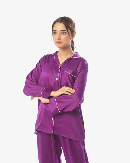 Satin Silk Pajama Suit with Scrunchie - Pearl