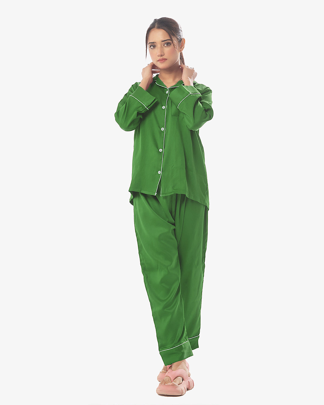 Satin Silk Pajama Suit with Scrunchie - Pearl