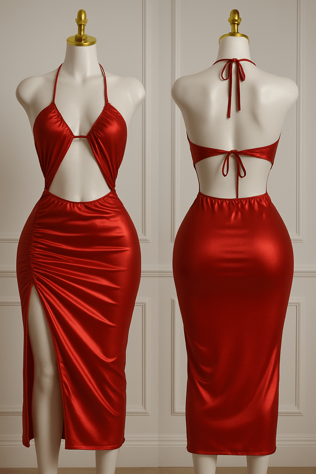Silk Halter Cut-Out Bodycon Midi Dress with Side Slit