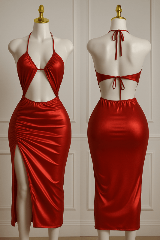 Silk Halter Cut-Out Bodycon Midi Dress with Side Slit
