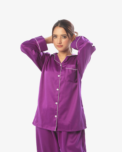 Satin Silk Pajama Suit with Scrunchie - Pearl