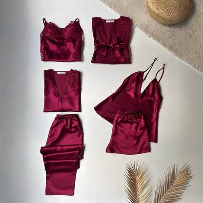 6 Piece Luxury Silk Nightwear Set Black