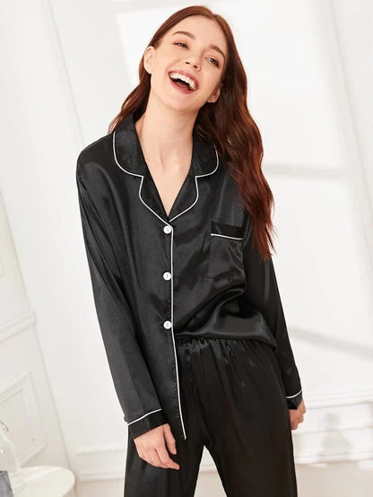 Black 100% Pure Silk Pajama Set | Contrast Piping