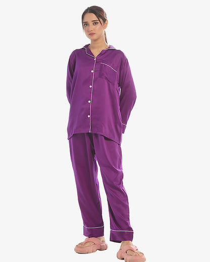 Satin Silk Pajama Suit with Scrunchie - Pearl