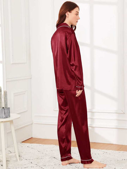 Midnight Blue 100% Pure Silk Pajama Set | Contrast Piping