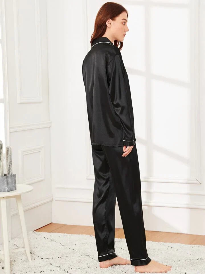 Midnight Blue 100% Pure Silk Pajama Set | Contrast Piping