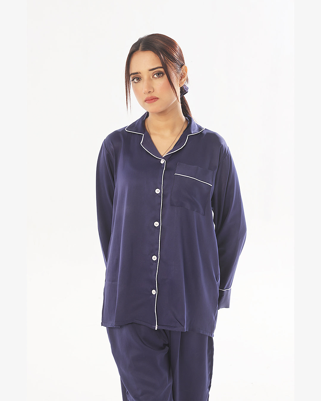 Satin Silk Pajama Suit with Scrunchie - Pearl
