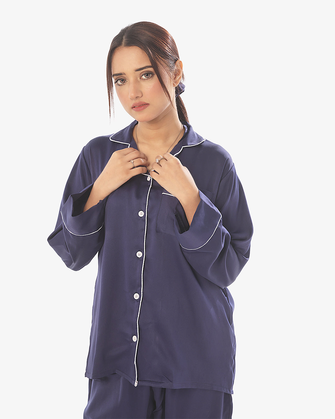 Satin Silk Pajama Suit with Scrunchie - Pearl
