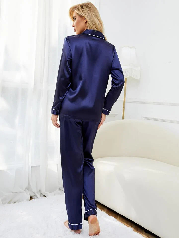Black 100% Pure Silk Pajama Set | Contrast Piping