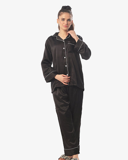 Satin Silk Pajama Suit with Scrunchie - Pearl
