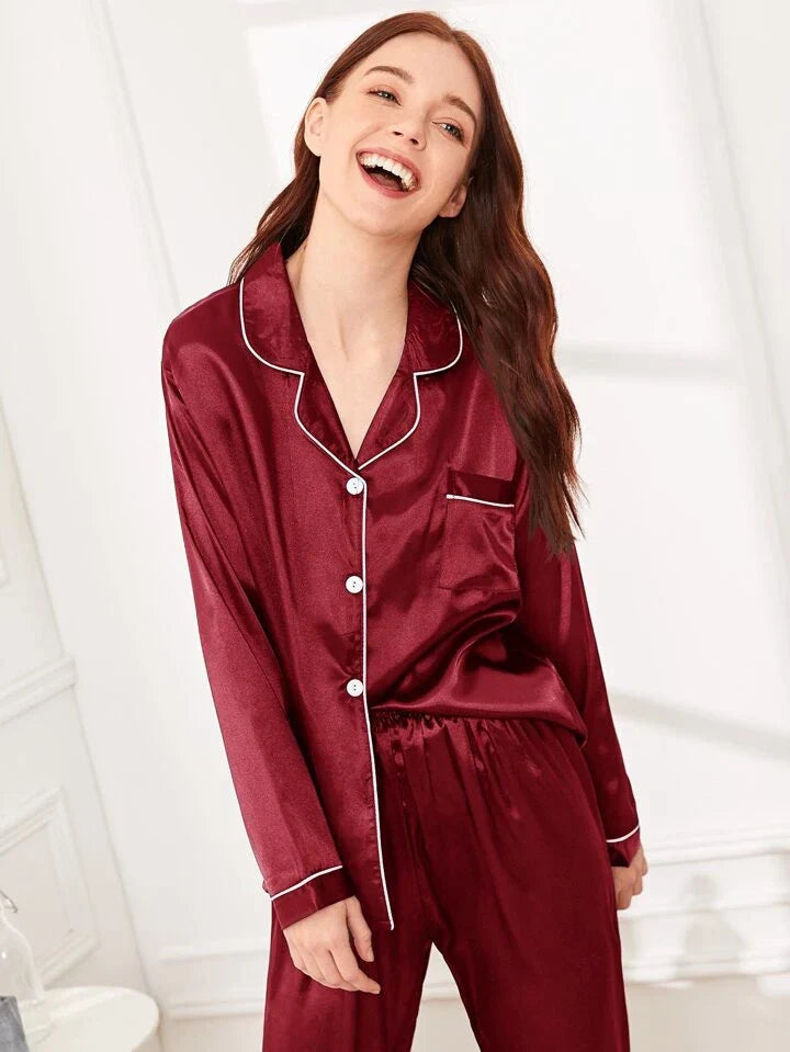 Mahroon 100% Pure Silk Pajama Set | Contrast Piping