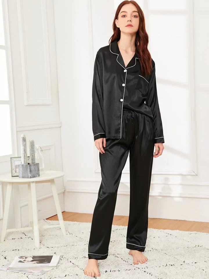 Black 100% Pure Silk Pajama Set | Contrast Piping