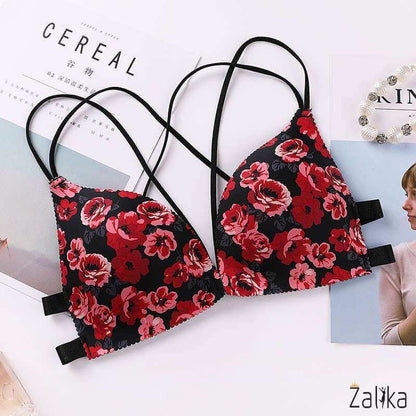 Front Buckle Seamless Red Flower Bra