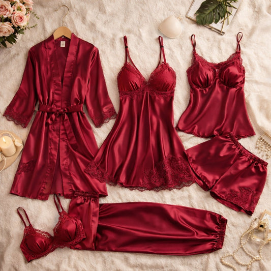 7-Piece Luxury Satin Lace Nightwear Set