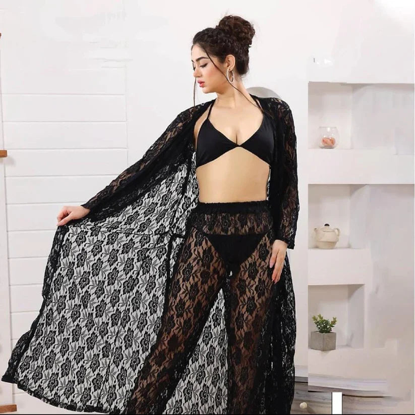 4-Piece Floral Net Nighty Set + Sheer Lace Robe with Satin Belt