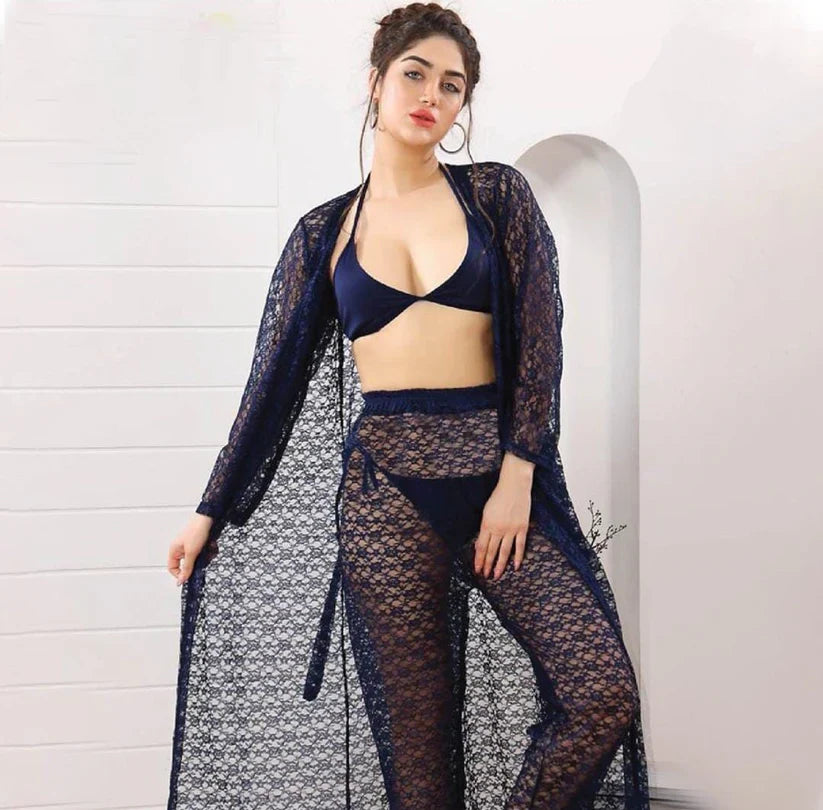 4-Piece Floral Net Nighty Set + Sheer Lace Robe with Satin Belt