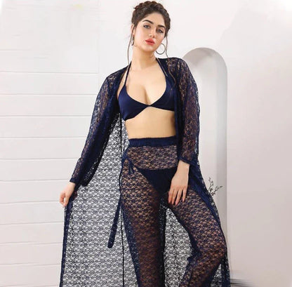 4-Piece Floral Net Nighty Set + Sheer Lace Robe with Satin Belt