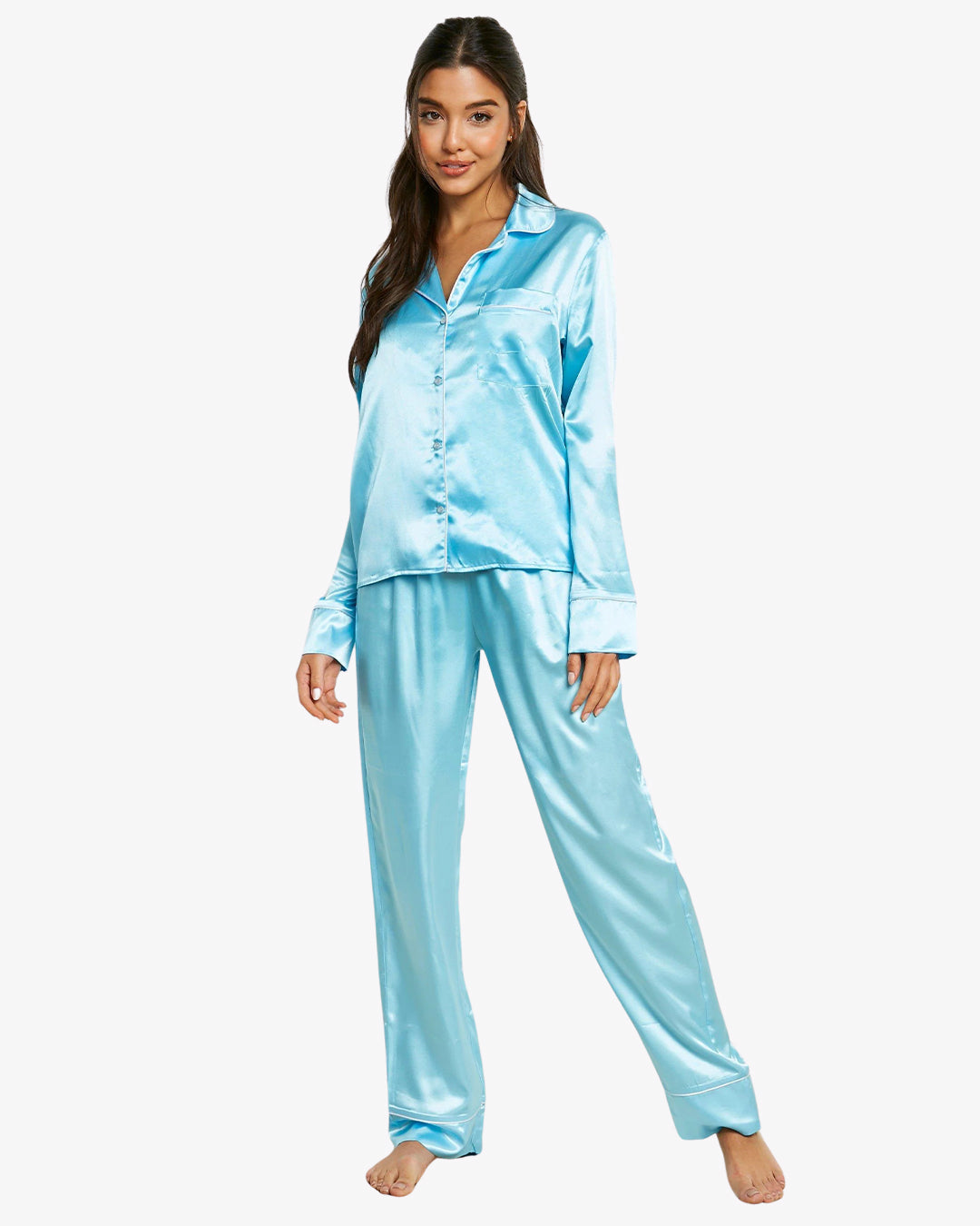 Satin Silk Pajama Suit with Scrunchie - Pearl